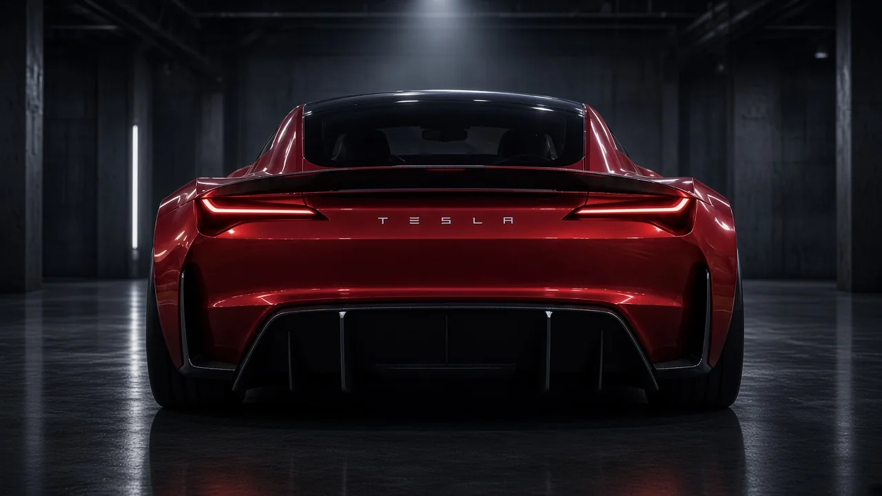 Red Tesla Roadster 2026 studio concept, direct rear view