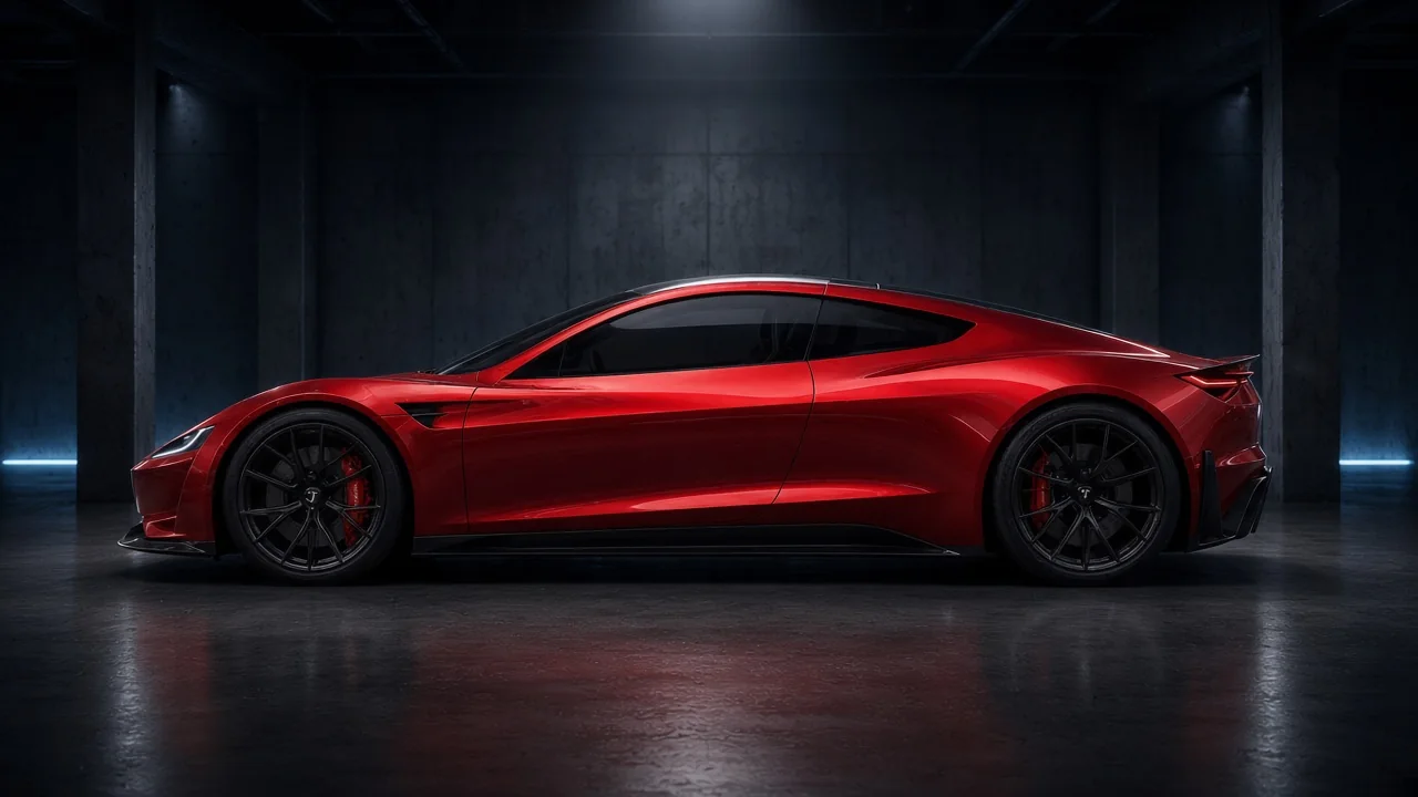 Side profile of the Tesla Roadster 2026 in Batman Garage lighting