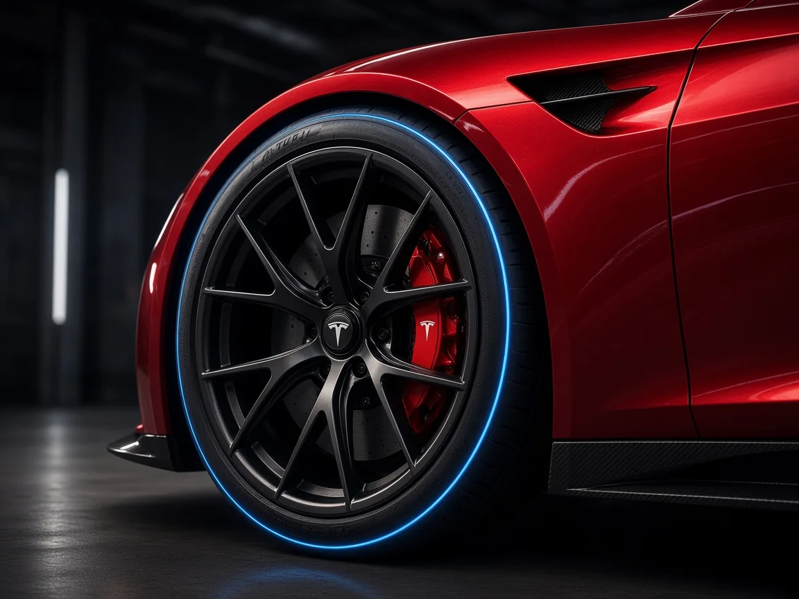 Close-up of Tesla Roadster wheel, red brake caliper, and carbon skirt detail