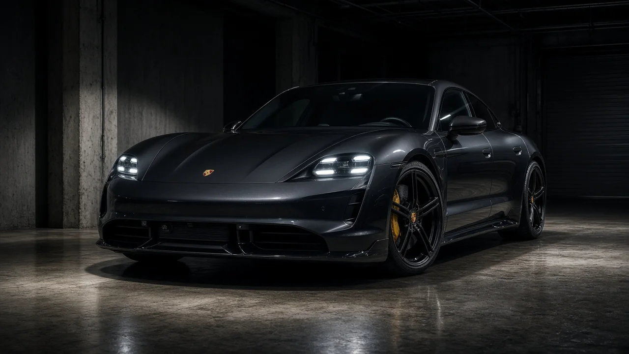 Porsche Taycan Turbo GT in a dark industrial studio setting for comparison