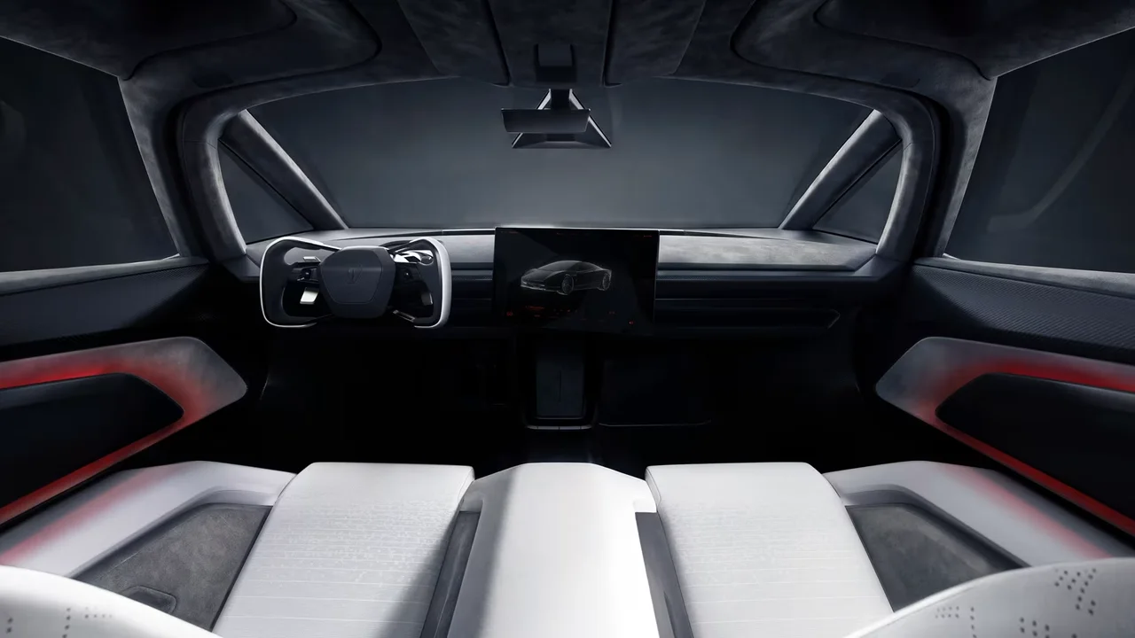 Tesla Roadster 2026 two-seat interior with yoke steering wheel, central screen and white seats