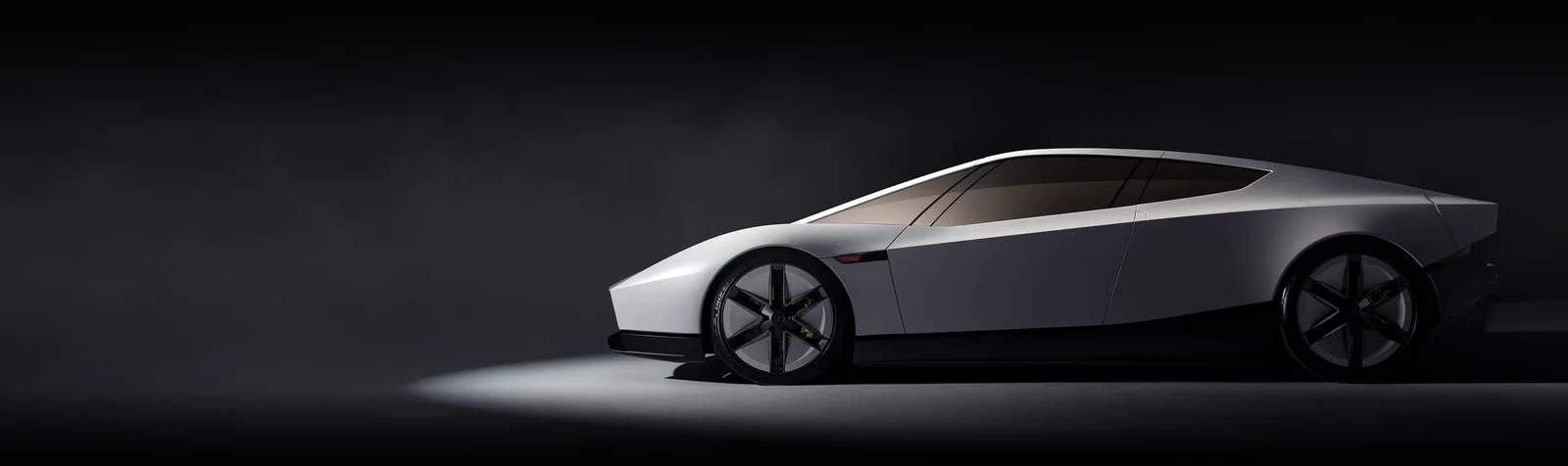 Tesla Roadster 2026 side profile with wedge shape and aero wheels in a dark studio