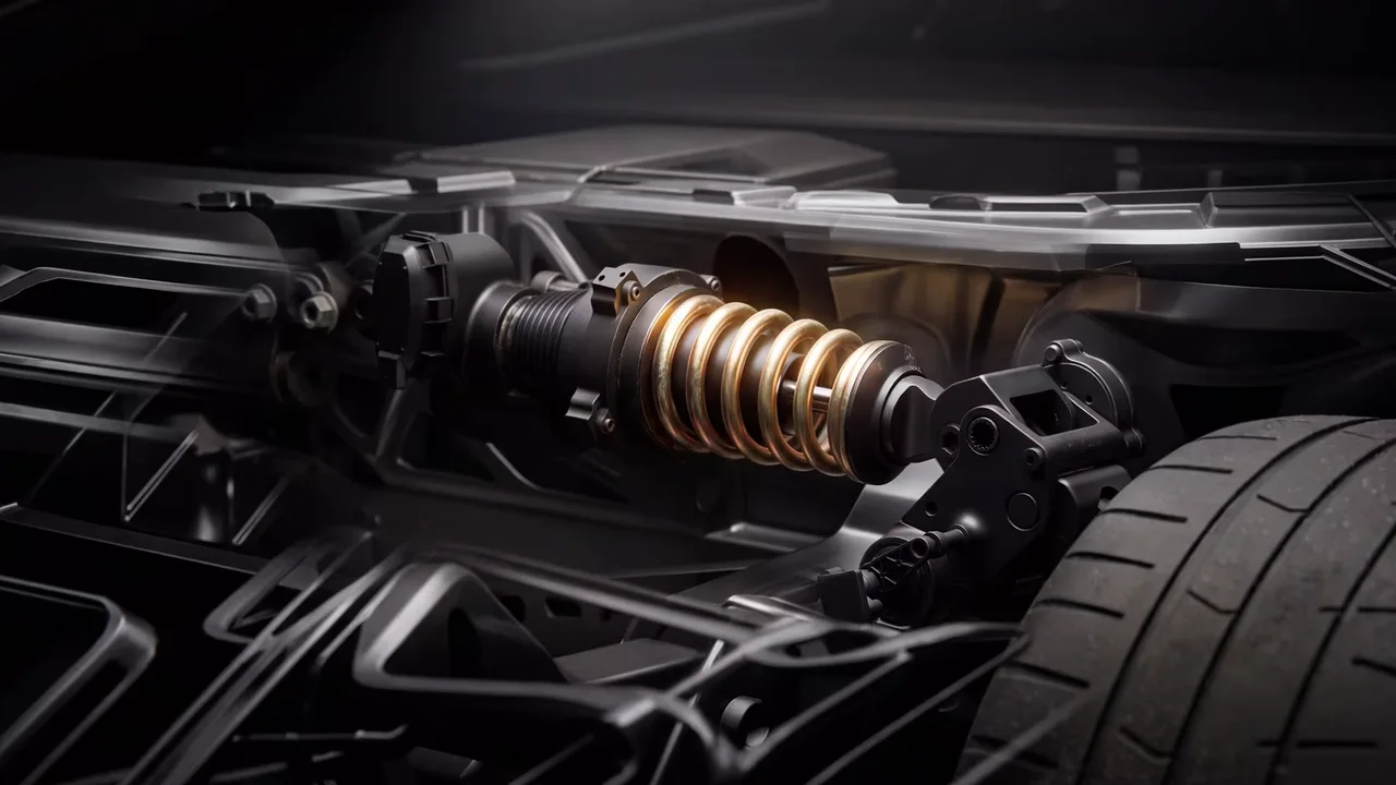 Tesla Roadster 2026 suspension detail with gold coil spring and damper