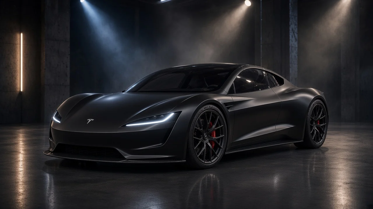 Matte black Tesla Roadster 2026 studio concept in a Dark Knight garage