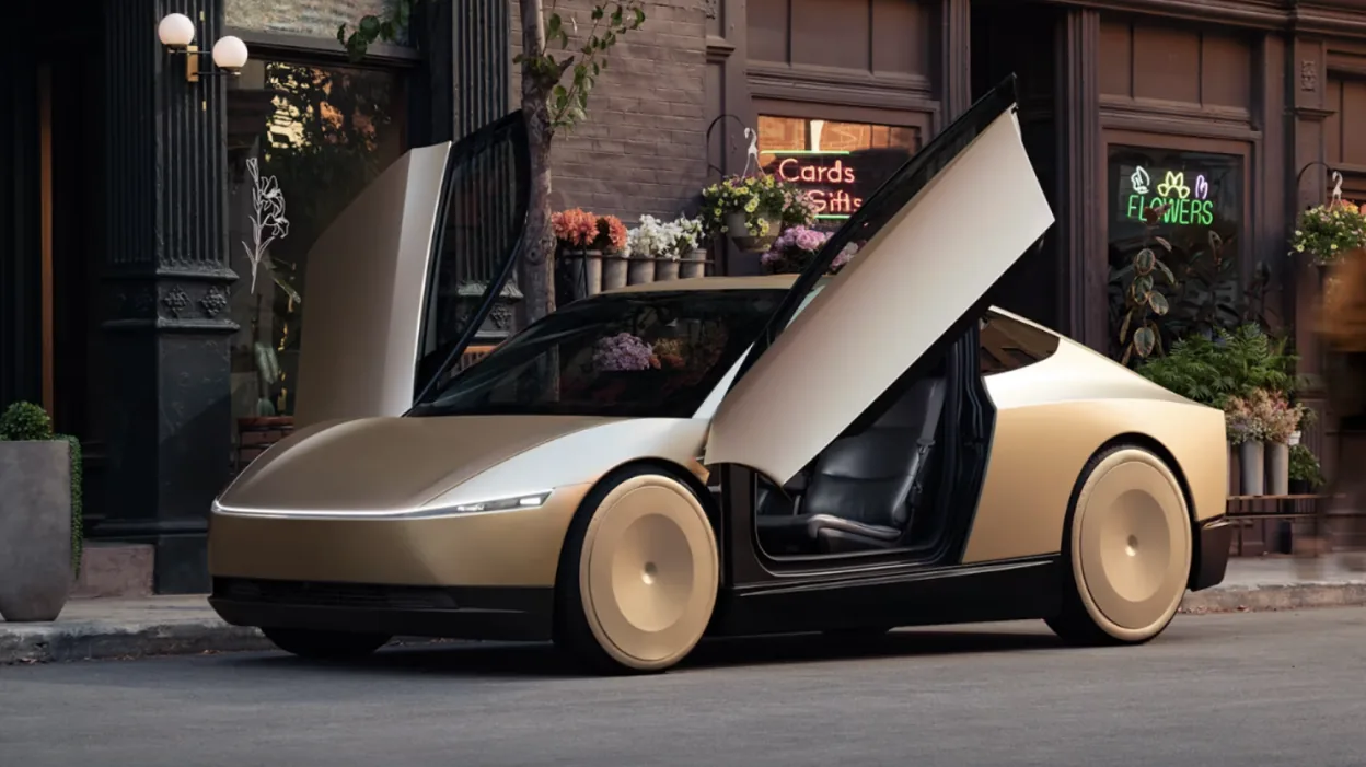 Tesla Cybercab side profile with upward-opening butterfly doors and aerodynamic two-seat body