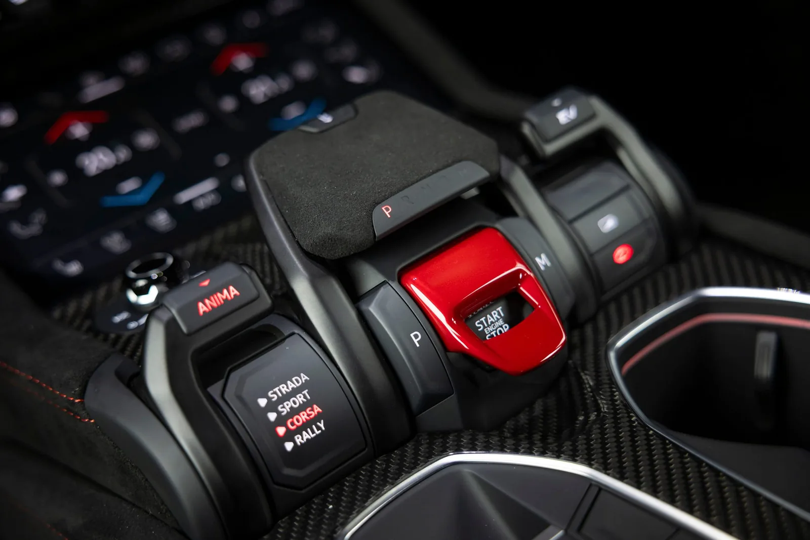 Lamborghini Urus SE Performante center console drive mode selector showing Corsa, EV, Hybrid and new Rally mode buttons
