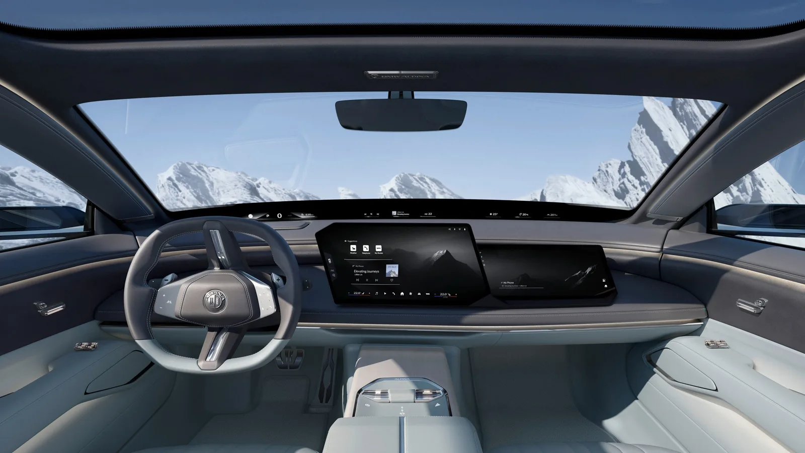Vision BMW Alpina dashboard — BMW Panoramic iDrive with passenger screen, Alpina-branded steering wheel, full-grain Alpine-region leather and Panoramic Vision head-up display