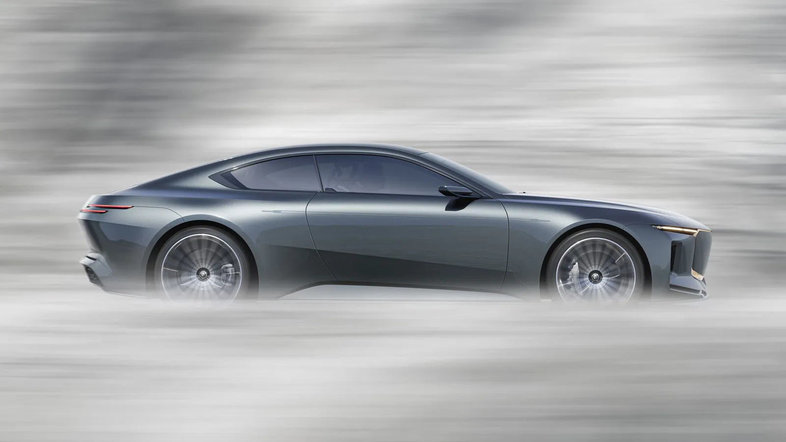 Vision BMW Alpina concept in motion, side profile with motion-blurred background — illuminated front signature and absence of conventional B-pillars