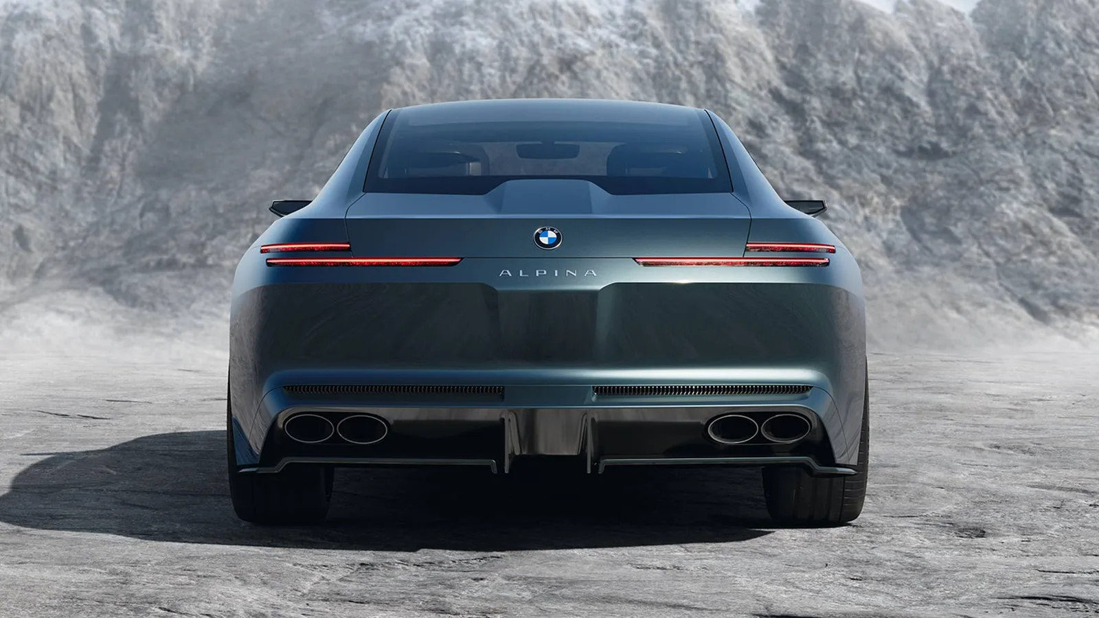 Vision BMW Alpina rear head-on view — two-line illuminated taillight motif with ALPINA wordmark, BMW roundel and four elliptical exhaust outlets