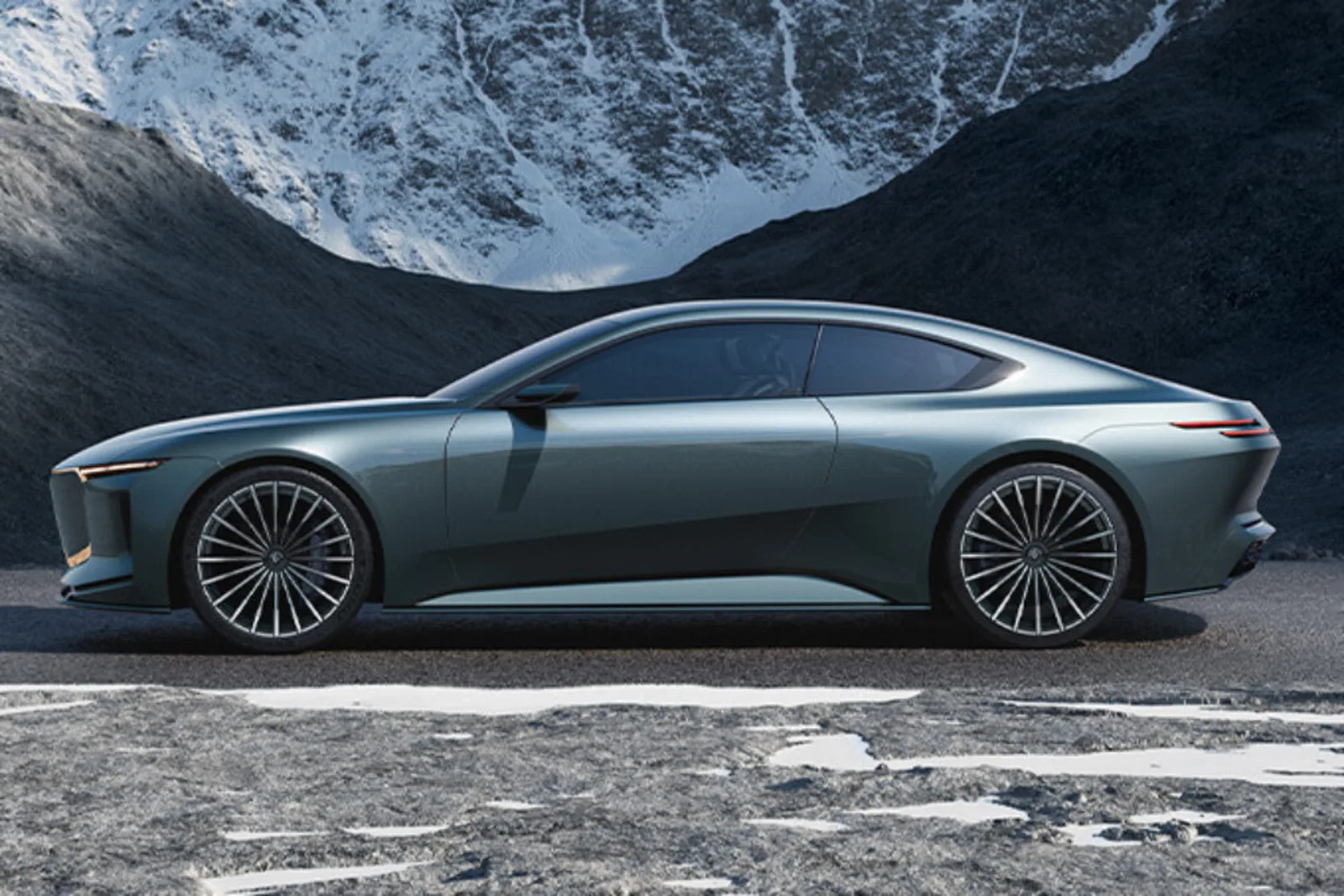 Vision BMW Alpina side profile against snowy mountain backdrop — long bonnet, raked coupé roofline, 22-inch front and 23-inch rear 20-spoke wheels, body-coloured Deco lines beneath clear coat
