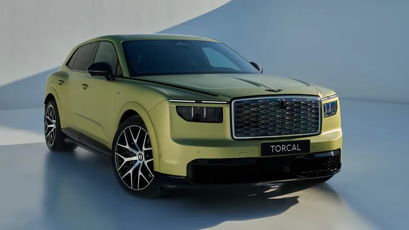 Bentley Torcal lime green electric SUV front three-quarter — first fully electric Bentley revealed in London