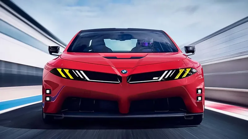BMW M Concept Neue Klasse in Monza Red on track — the electric M3 preview revealed at Le Mans with double-yellow lights