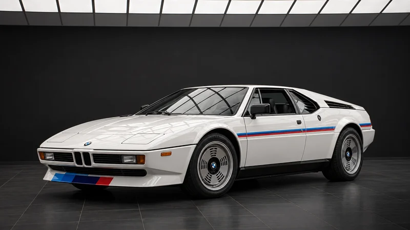 White BMW M1, studio front three-quarter with M tricolour stripe