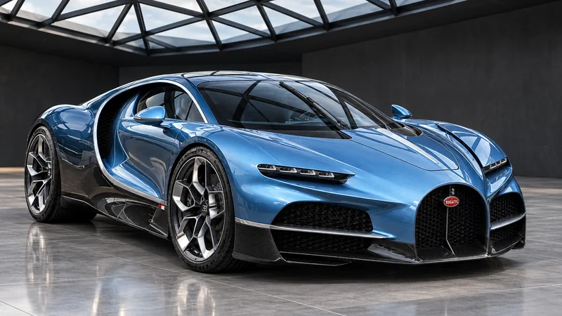 Bugatti Tourbillon French Racing Blue, front three-quarter in a concrete atrium with glass roof