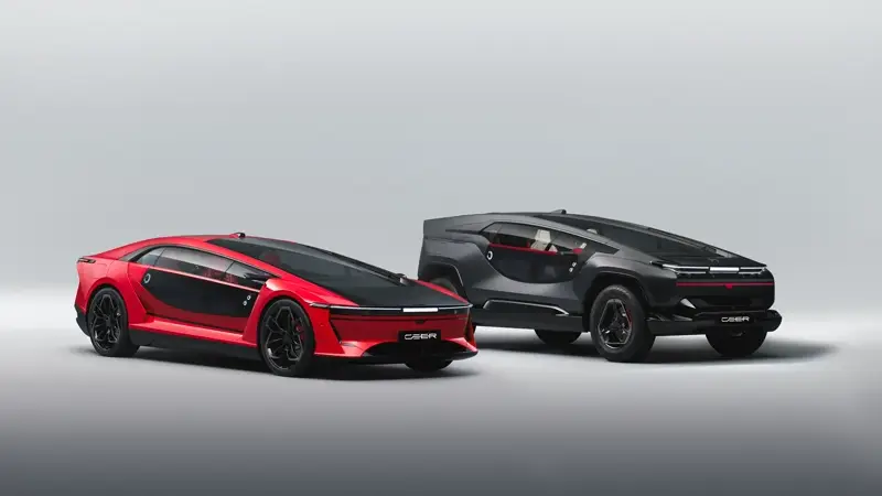 CEER Exobot sedan in red and Exobot SUV in dark grey — Saudi Arabia's first production EVs