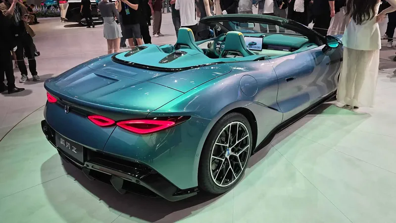 Denza Z Convertible in Firenze green at Beijing Auto Show 2026 — open-top electric supercar with 1,000+ HP