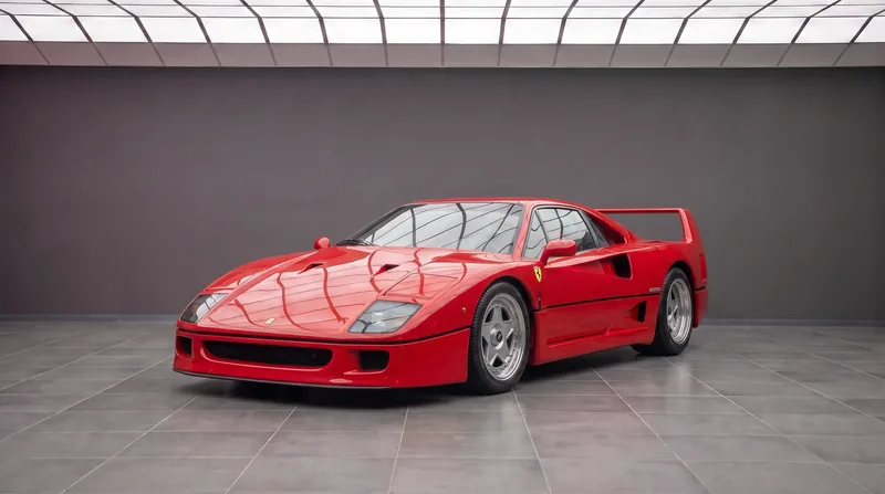 Ferrari F40 in Rosso Corsa, front three-quarter view in a grey showroom with the fixed rear wing visible