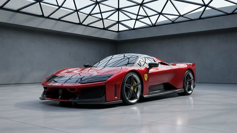 Ferrari F80 Rosso hybrid hypercar, front three-quarter in a concrete atrium with glass roof