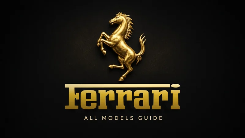 Gold prancing horse and official Ferrari wordmark on black with All Models Guide