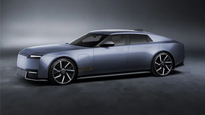 Jaguar Type 01 electric four-door GT in blue-grey, front three-quarter side view in a grey studio