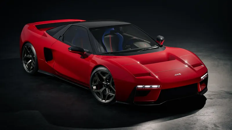 Red JAS Tensei Honda NSX restomod by Pininfarina, front three-quarter view in a dark studio