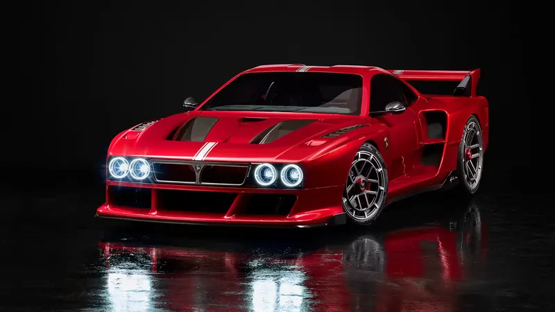Red Kimera K-39 Stradale hypercar, front three-quarter studio view with quad round headlights