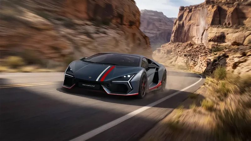 Lamborghini Revuelto NA63 — the 2026 North America limited-edition 1001 hp V12 plug-in hybrid supercar driving through a US canyon, limited to 63 units to mark Lamborghini's 63rd anniversary