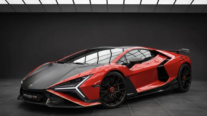 Lamborghini Revuelto SV front three-quarter view at Monterey Car Week 2026 reveal, silver-grey V12 hybrid supercar with red pinstripe accents and black hood