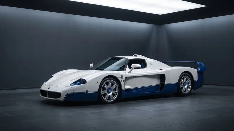 Maserati MC12 Stradale in white and blue, front three-quarter view inside a dark studio