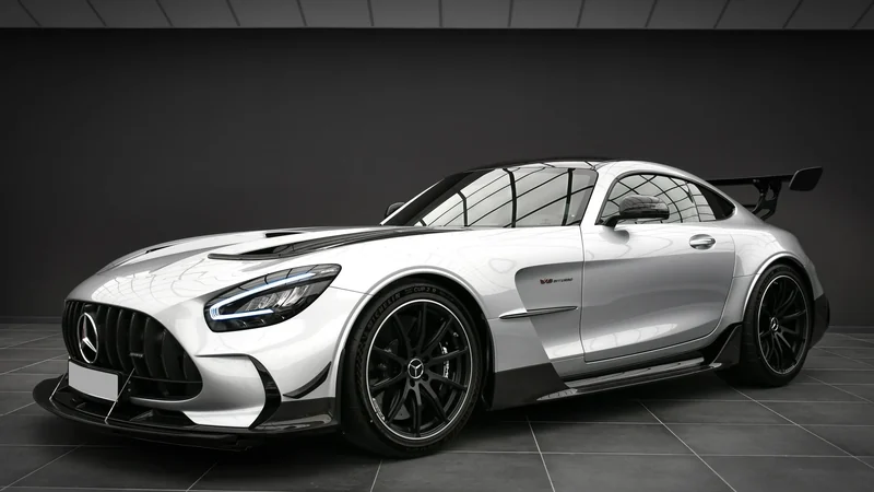 Silver Mercedes-AMG GT Black Series, front three-quarter in the Batman Garage studio