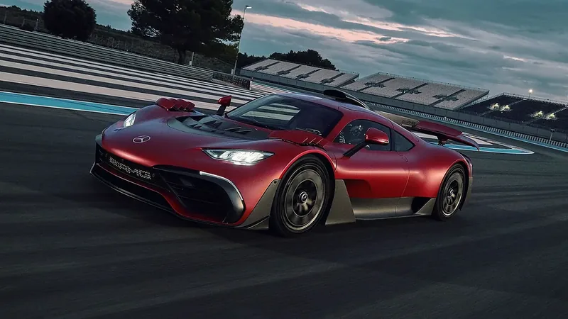 Front three-quarter view of the Mercedes-AMG ONE Formula 1-derived hybrid hypercar in red on a race track at dusk, headlights lit