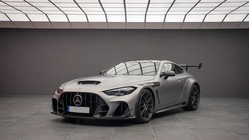Mercedes-AMG CLE 646 Mythos in matte grey, front three-quarter studio view with fixed rear wing and forged wheels