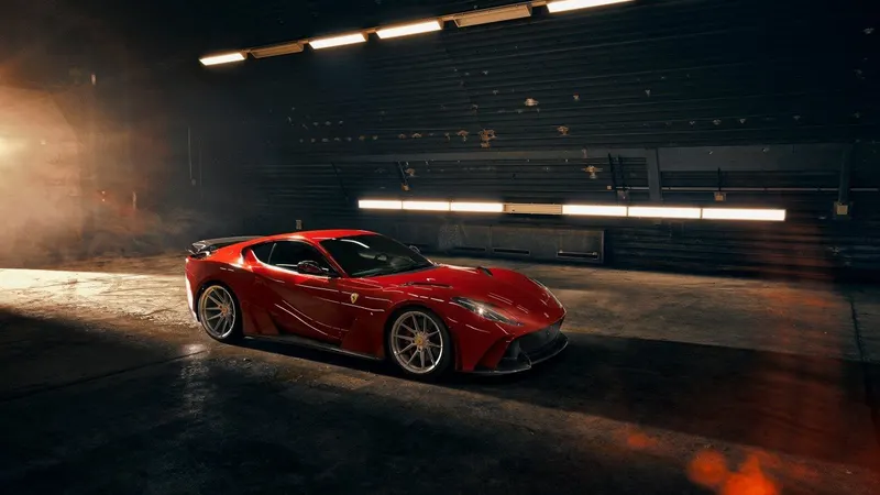 Red Novitec Ferrari 812 N-Largo widebody in a dark hangar, front three-quarter view