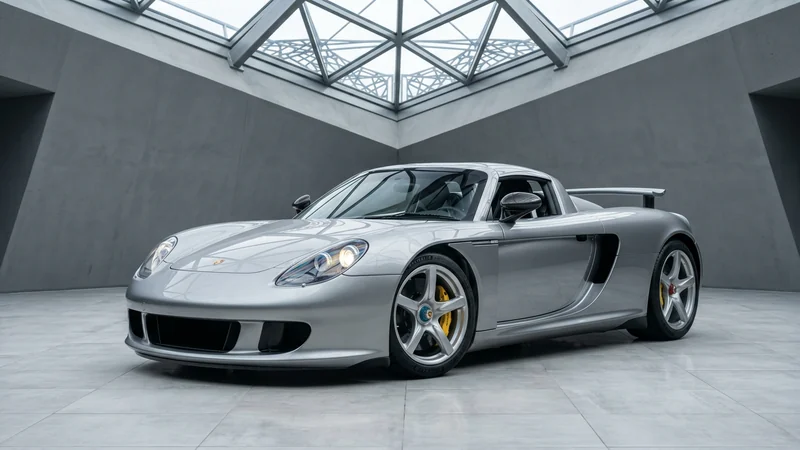 Porsche Carrera GT in GT Silver, front three-quarter in a concrete atrium with glass roof