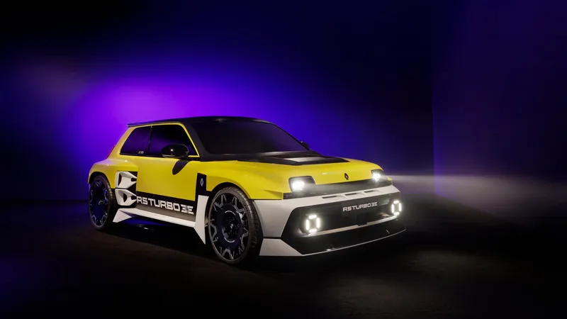 Yellow and white Renault 5 Turbo 3E with widened arches, R5TURBO3E graphics and square lights