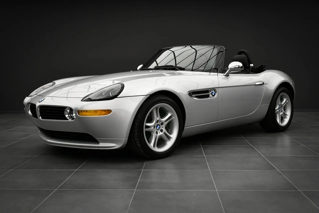 Silver BMW Z8 roadster front three-quarter view in a dark studio, 4K desktop wallpaper