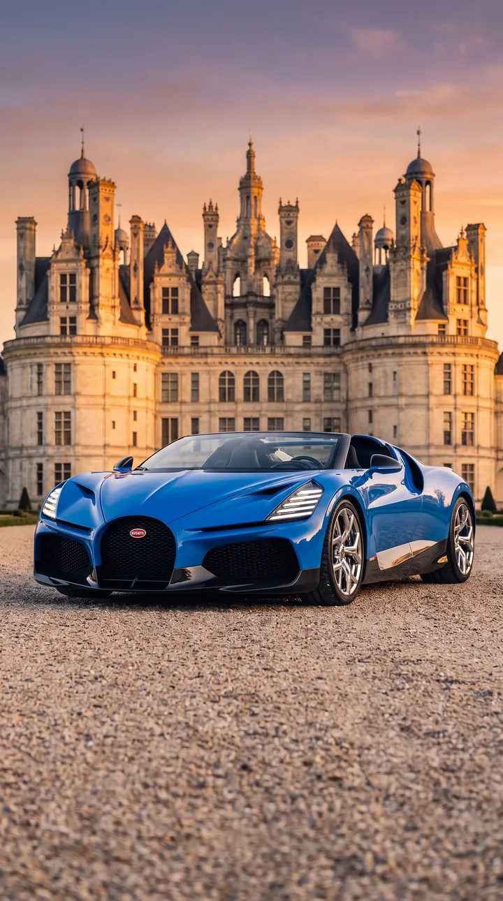 Blue Bugatti W16 Mistral roadster, vertical phone wallpaper 1536 × 2752