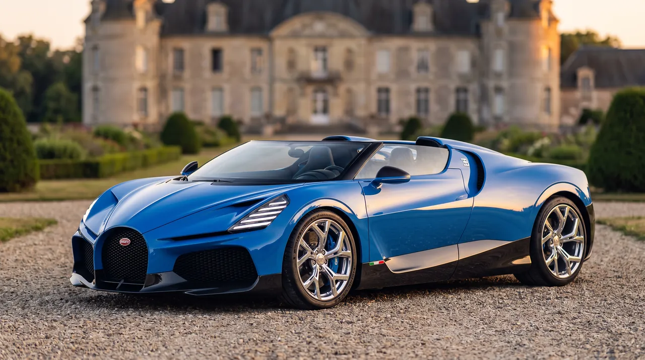Blue Bugatti W16 Mistral roadster front three-quarter view in front of a château, 4K desktop wallpaper