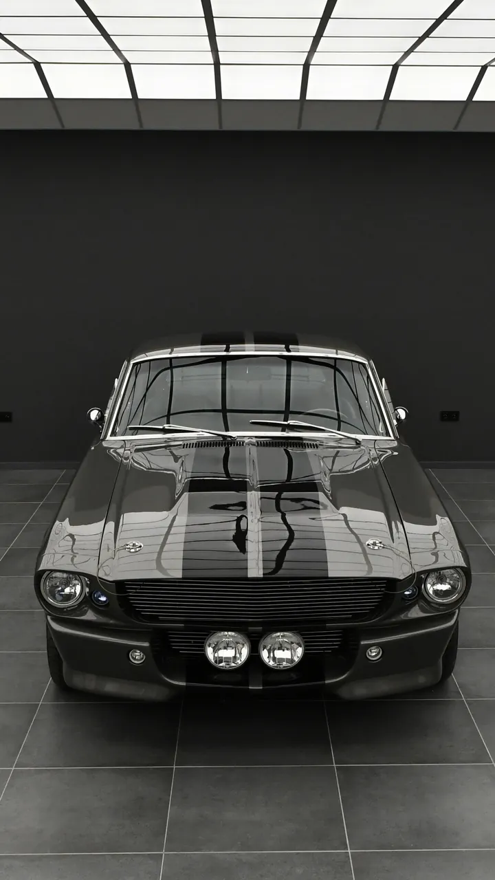 1967 Ford Mustang Eleanor head-on, dark grey with silver stripes, vertical phone wallpaper