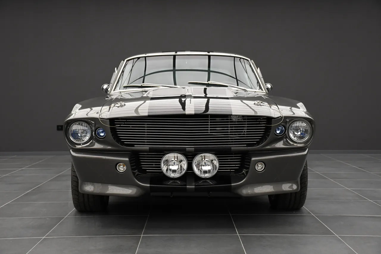 1967 Ford Mustang Eleanor head-on front view, dark grey with silver stripes, 4K desktop wallpaper