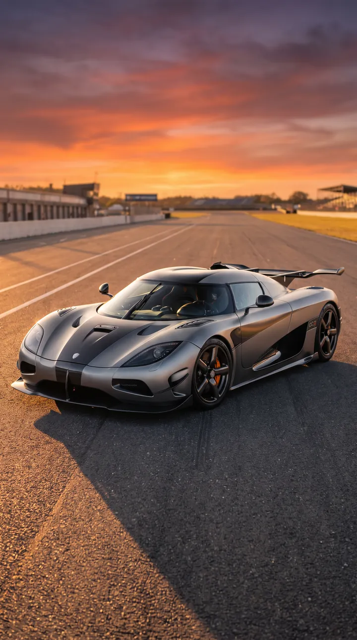 Koenigsegg CCGT1 on a runway at sunset, vertical phone wallpaper 1536 × 2752